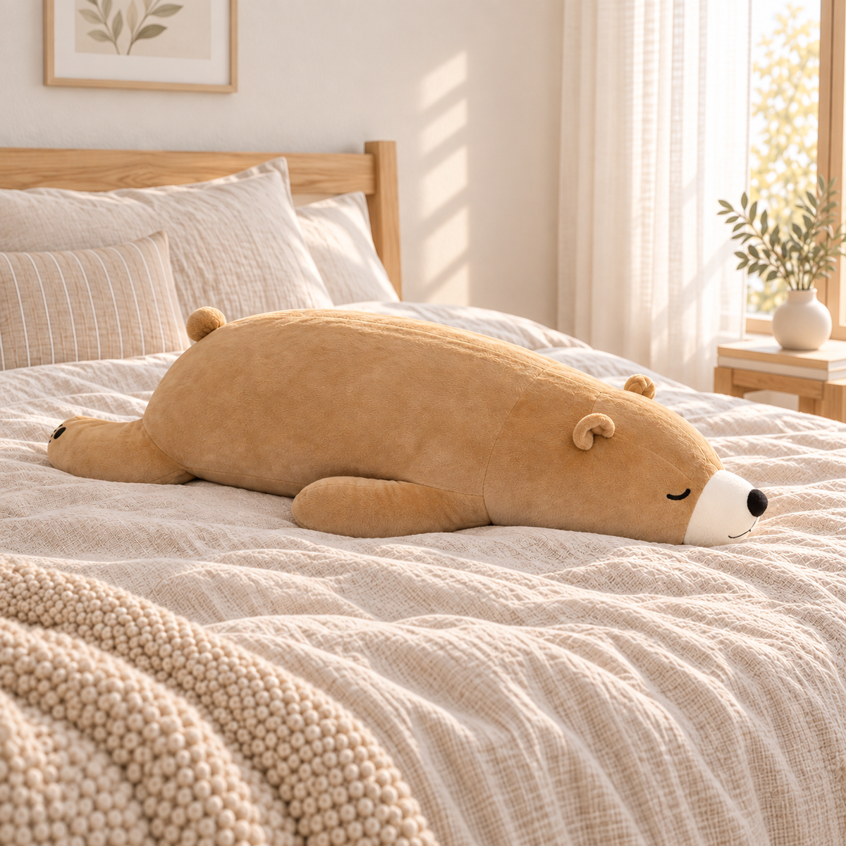 Brown Sleepy Polar Bear Plush Body Pillow on a bed