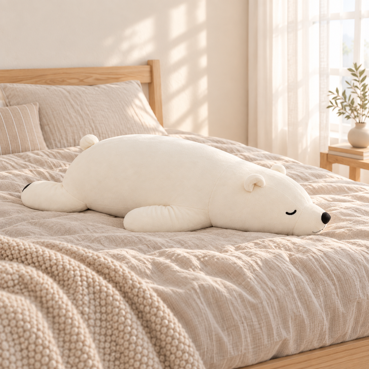 White Sleepy Polar Bear Plush Body Pillow on a bed