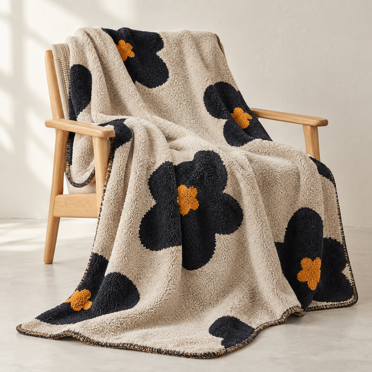 Cozy Bloom Plush Blanket in Beige draped over a chair