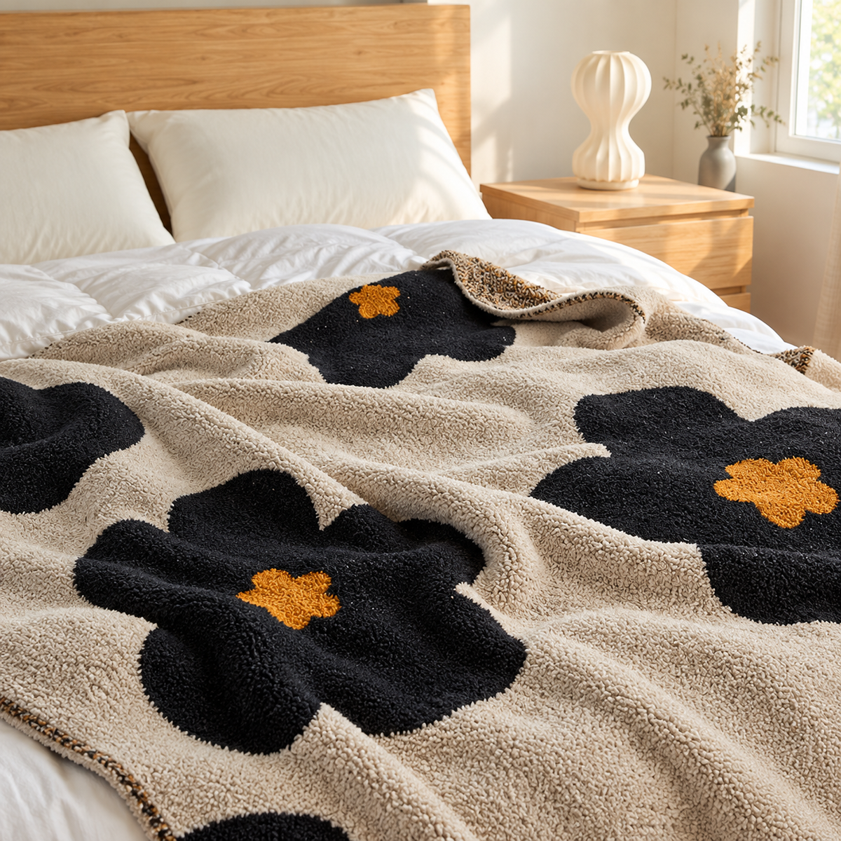 Cozy Bloom Plush Blanket in Beige styled on a bed