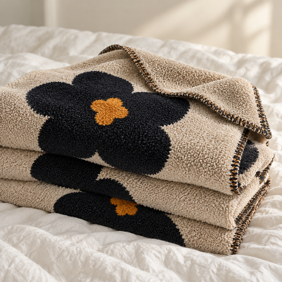 Folded Cozy Bloom Plush Blanket in Beige